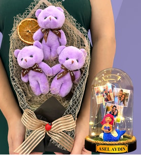 Kişiye Özel Led Işıklı Fanus ve Büyük Boy Mor Peluş Ayıcık Buketi - Premium Hediye Seti (Model 7)