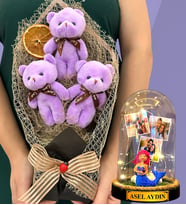 Kişiye Özel Led Işıklı Fanus ve Büyük Boy Mor Peluş Ayıcık Buketi - Premium Hediye Seti (Model 7)