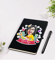BK Gift Kişiye Özel Kadın Kimya Öğretmeni Karikatürlü Siyah Defter Kalem Seti - 1