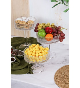 El Yapımı Şeffaf Cam Yuvarlak Ayaklı Sunum Kasesı Sunumluk Meyvelik Salata Kasesi 3 BOY / 3ADET