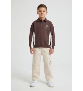 Kahverengi Polo Yaka Sweatshirt Keten Pantolonlu Erkek Çocuk Takım 24531