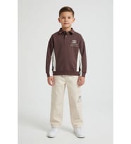 Kahverengi Polo Yaka Sweatshirt Keten Pantolonlu Erkek Çocuk Takım 24531