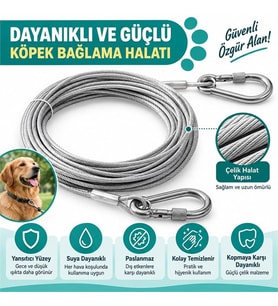 SN-38108 10 Metre Çelik Köpek Bağlama Halatı Kilitli Karabina PVC Kaplamalı