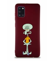 Samsung Galaxy A31 Soft Premier Kapak Squidward Dokunaç Tasarımlı Silikon Kılıf - Mürdüm (Şeffaf)