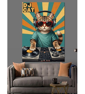 Retro Kedi Gözlüklü Kıyafet Dj Dekoratif Kanvas - Mdf Ahşap Tablo