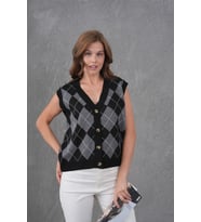 Kadın V Yaka Düğme Kapama Desenli Triko Sweater (Siyah)