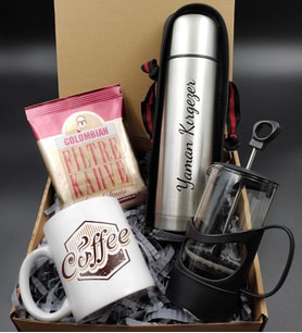 Kişiye Özel 500ml. Exclusive Çelik Termos & French Press & Tasarım Kupa & Colombian Kahve Hediye Seti (Model 1)