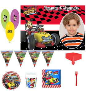 Afiş Hediyeli Mickey Mouse Roadsters Doğum Günü Süsleri, Fotoğraflı Parti Seti  8 Kişilik Parti mal-