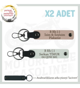Motorcu Friends Hediye, İsim Plaka ve B Rh (-) Kan Grubu Yazılı x2 Anahtarlık, Yavruağzı-Beyaz-Laci (Çok Renkli)