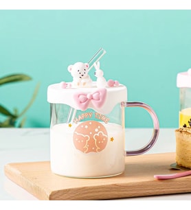 Livava Pipetli Tavşan Ve Ayıcık  Cam Kupa, 9x8,5
