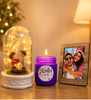 Kişiye Özel Fotoğraflı LED Işıklı Fanus (kalp tutan aşıklar) ve Kokulu Cam Mum Hediye Seti