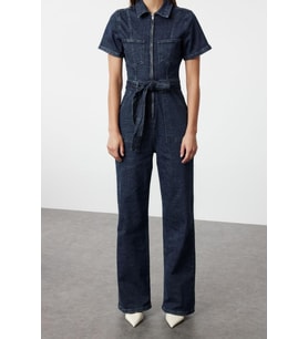 Kadın Moda Standart Kol Geniş Paça Gömlek Yaka Düz Desen Uzun Kuşaklı Denim Tulum
