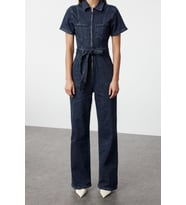 Kadın Moda Standart Kol Geniş Paça Gömlek Yaka Düz Desen Uzun Kuşaklı Denim Tulum