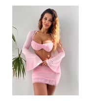 Pembe Tül Detaylı Büzgülü Etekli İkili Takım