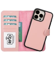 Apple iPhone 15 Pro Max Uyumlu Deri Cüzdanlı Kılıf MWWN NU2 Pembe
