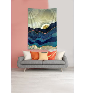 Sarı Güneşin Doğuşu Sunset Leke Tutmaz Kadife Kumaş Duvar Örtüsü Duvar Halısı Tapestry (Sarı-Yeşil)