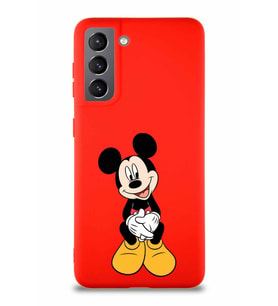Samsung Galaxy S21 Soft Premier Kapak Mickey Mouse-A Tasarımlı Silikon Kılıf - Kırmızı (Şeffaf)
