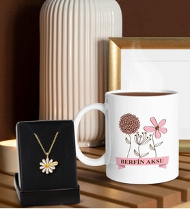 BK Gift Kişiye Özel İsimli Anneler Günü  Beyaz Kupa ve Papatya Kolye Hediye Seti, Anneler Günü Hediyeleri, Anneye Hediye-4
