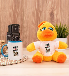 Kişye Özel Polaroid Tasarım Fotoğraflı Peluş Civciv ve Mavi Kupa