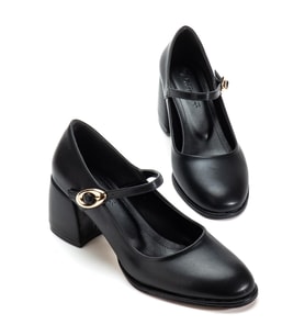 Siyah Kadın Kalın Topuklu Ayakkabı Baretli Vardola Kalın Tokalı