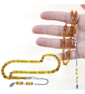 925 Ayar Gümüş Püsküllü Kesme Kesim Mini Boy Soft Sarı Ateş Kehribar Tesbih