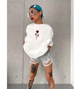 kadın Bisiklet Yaka Baskılı Oversize Kısa kol T-Shirt - Beyaz