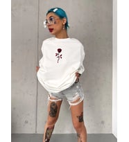 kadın Bisiklet Yaka Baskılı Oversize Kısa kol T-Shirt - Beyaz