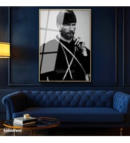 Altın Renk Metal Çerçeveli Tamperli Cam Tablo Atatürk Sakallı Kalpaklı Nadir Portre Atatürk Tablosu Duvar Dekoru