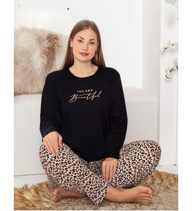 Pijamoni Kadın Milan Büyük Beden Bisiklet Yaka Uzun Kol İnce Pijama Takımı 7666/10- 1 Adet (Siyah)