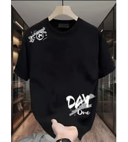 Baskılı Oversize Bisiklet Yaka T-shirt - Siyah