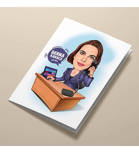 Kişiye Özel Masa Başındaki Kadın Karikatürlü Tebrik Kartı