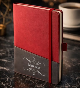 BK Gift Kişiye Özel Kırmızı Termo Deri Defter -1, Kartvizit Bölmeli, Çizgili Ivory Kağıt