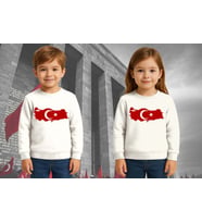 Unisex Ay Yıldızlı 19 Mayıs 29 Ekim 23 Nisan 10 Kasım Atatürk Çocuk 3 İplik Şardonlu Sweatshirt (Beyaz)