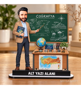 Kişiye Özel Erkek Coğrafya Öğretmeni Karikatürlü 18 cm MDF Masaüstü Biblo - Öğretmen Hediyesi Öğretmene Özel Hediye