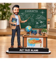 Kişiye Özel Erkek Coğrafya Öğretmeni Karikatürlü 18 cm MDF Masaüstü Biblo - Öğretmen Hediyesi Öğretmene Özel Hediye