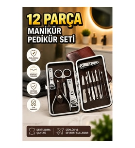 12 Parça Paslanmaz Çelik Kişisel Bakım Seti Deri Çantalı Manikür ve Pedikür Seti