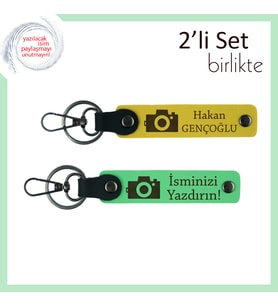 Kadrajla Kalbe Dokun, Kamera Temalı, İsme Yazılabilir 2’li Anahtarlık Seti, Sarı-Fıstık Yeşil
