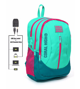 Coral High Sport Yeşil-Pembe Okul ve Günlük Sırt Çantası - USB ve AUX Çıkışlı