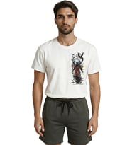 Zaman ve Kaos Temalı Sürrealist Saat ve Figür Eskiz Baskılı Premium Erkek Tişört (Beyaz)
