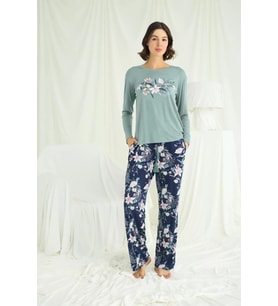 pilelistore Çiçek Ve Yaprak Desenli Baskılı Pijama Takımı (Yeşil)
