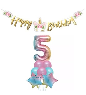Çiçekli Unicorn 5 Yaş Gökkuşağı Balon Set