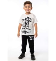 Erkek Çocuk Üzeri Yazı ve Kaykay Dino Baskılı Bileği Manşetli Siyah Pijama Takım