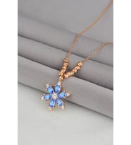 925 Ayar Gümüş Zincirli Rose Kaplama Dorissa Toplu Aqua Mavi Taşlı Lotus Kamelya Çiçeği Kolye