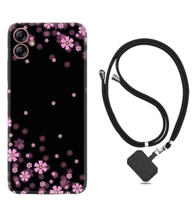 Samsung Galaxy A04E Kılıf Resimli Boyun Askılı İpli Desenli Silikon Black flowers 1391