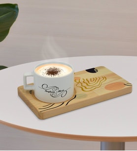 BK Gift Kişiye Özel Modern Art Tasarımlı Doğal Ahşap Tabaklı Seramik Fincan Sunum Seti  Model 4