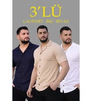 Erkek Waffle Dokuma Açık Yakalı Düğmeli Regular Kalıp 3’lü Gömlek Seti - Bej, Beyaz, Lacivert