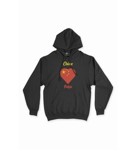 Pekin Çin Bayraklı Kalpli Siyah Sweatshirt Hoodie
