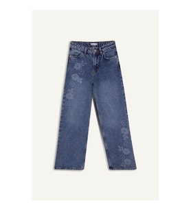Defacto Straıght Wıde Çiçek Baskılı Mavi Kız Çocuk Jean Pantolon G7740A8/NM34