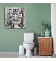 Tekli Kare Kanvas Banyo Tablosu Gazete Okuyan Kaplan