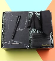 Kişiye Özel Siyah Mat Roller Kalem & Mermer Desenli Defter & Siyah Kravat & Kartlık Hediye Seti